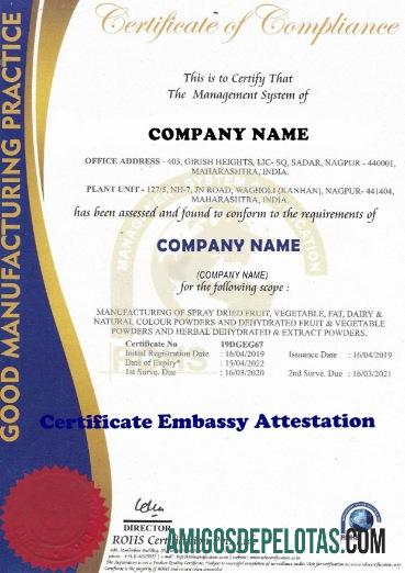 Exemplo de certificado de conformidade da Índia